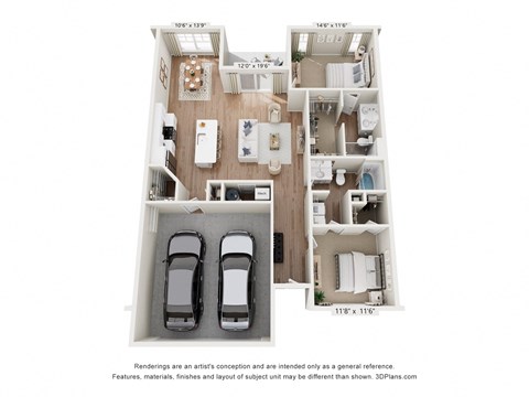 Floor plan for 2 beds, 2 baths, 1374 sqft